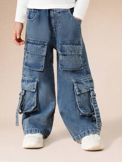 SUMWON Wide Leg Cargo Denim Jeans With Multiple Patch Pockets For Kids