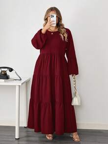 SHEIN CURVE+ Đầm Maxi dáng rộng tay phồng cổ tròn tay loe rộng rãi thời trang xuân hè cho nữ/Mùa thu/Mùa đông - Màu Đỏ Sâu - Xem 8