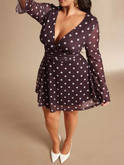 SHEIN BAE Plus Size Women V-Neck Polka Dot Brown Sexy & Elegant Dress, Autumn/Winter,Tea Party Dress,Plus Size Woman Dresses,Dresses For Ladies Summer,Party Dresses For Women,Cozy Fall & Winter Styles,Prom Dress,Winter Outfit For Women,Evening Dresses For Women,Plus Size Women Clothes,Formal Dress,Birthday Dress Plus Size,Elegant,Red  Dress,Sexy Dress, Long Sleeve Dresses Curvy, Plus Size Vacation Dress