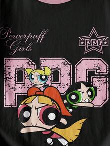 THE POWERPUFF GIRLS X SHEIN Tween Girl Summer Casual Cartoon Blossom, Bubbles, Buttercup Pattern Short Sleeve T-Shirt