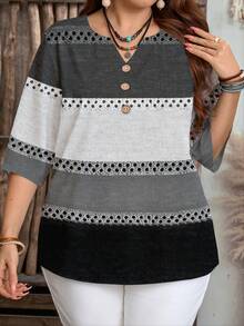 EMERY ROSE Camisa holgada de mujer talla grande con cuello redondo, mangas 3/4 y patrón de rayas de bloques de color para otoño/invierno - Blanco y Negro - Ver 6