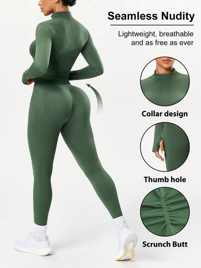 Seamluxe SHEIN Sport Conjunto deportivo de cuello alto, manga larga y pantalón largo sin costuras