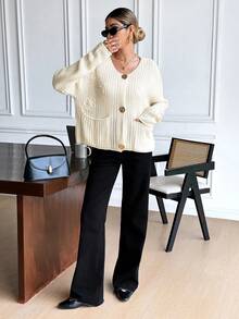 SHEIN Frenchy Women's Solid Color Minimalist Casual Cardigan,Winter Clothes For Women,Summer, Christmas , New Year,Party, Elegant,White , Casual,Sweaters For Women - Apricot - View 5