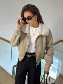 Easowa Women's Solid Color Minimalist Everyday Zip-Up Long Sleeve Faux Fur Jacket - Khaki - View 5