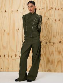 COUREZ Lattice Detail Overized Fit Tailored Trousers /Y2K Going Out Outfits Wide Leg Pants Fall Clothes For Women Winter Clothes For Women Wide Leg Pants Elegant Office