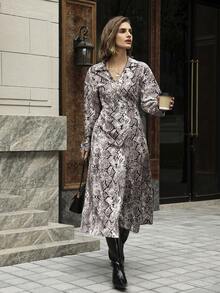 Hansera Women's Elegant Grey Leopard Print Vintage Long Sleeve Shirt Collar Crossover V-Neck Slit Hem Snake Skin Print Maxi Dress For Autumn,Work Outings - Apricot - View 8