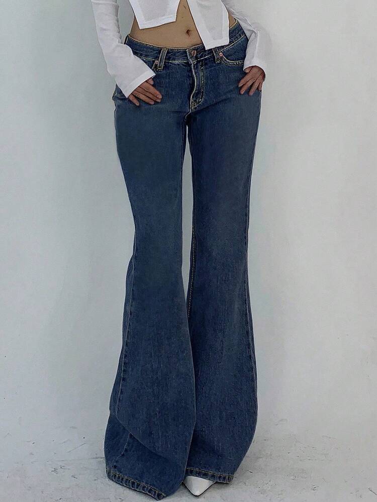 Women's Casual Versatile Denim Flare Jeans With Pockets Low Rise Jeans