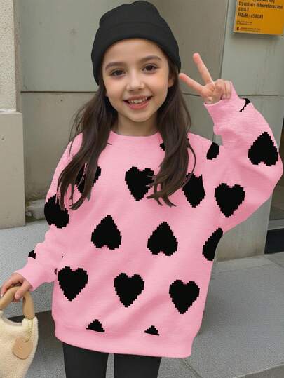 Young Girls Casual Minimalist Classic Pixel Heart Graphic Print Loose Fit Crew Neck Comfortable Everyday Knit Long Sleeve Sweatshirt, Suitable For Autumn/Winter