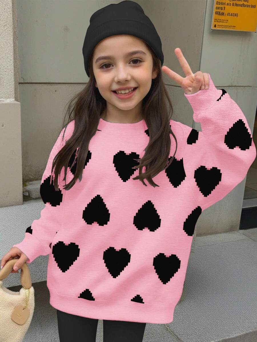 Kleine Mädchen Lässig Minimalistisch Klassisch Pixel Herz Grafik Muster Locker Sitzender Rundhals Bequemer Alltags Strick Langarm Sweatshirt, geeignet für Herbst/Winter - Verschiedenfarbig - Übersicht 1