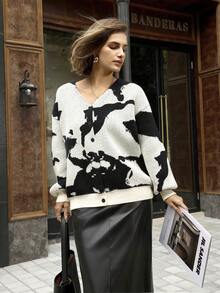 Hansera Áo khoác cardigan dệt kim đen trắng thanh lịch dành cho nữ, váy mùa thu, trang phục mùa thu cho nữ, váy mùa thu, trang phục mùa thu cho nữ, Giáng sinh, Năm mới, trang phục năm mới cho nữ, áo khoác thường ngày cho nữ, áo khoác dệt kim thường ngày, áo khoác dệt kim họa tiết đen trắng. - Đen và trắng - Xem 4