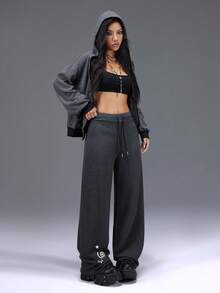 Bloopia Veste décontractée à capuche, manches longues, fermeture éclair avant, style élégant et polyvalent pour femmes, rayures noires et grises, style rebelle rétro cool, idéal pour l'automne/hiver et Halloween