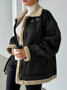 DAZY 女士仿麂皮加厚常规款夹克，冬季女式外套 - 黑色 - 查看 5