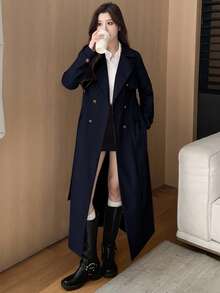 Chiquease 女士休闲长款双排扣风衣 - 藏蓝色 - 查看 5