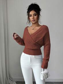 SHEIN Elenzya 女士休闲纯色V领裹身毛衣，秋冬季 - 棕色 - 查看 7