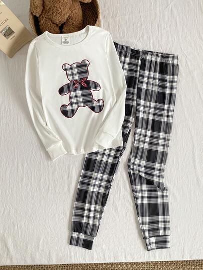 2pcs Women's Casual Cute Bear Print Top And Classic Plaid Skinny Pants Homewear Set, Snug Fit Bear Print Pajama Plaid Pajama Set Long Sleeve Pajama Teen Pajama Pajama Set "Tight Fit Pajama","Tight Fit","Snug Fit