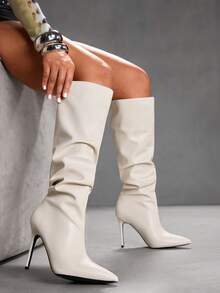 CUCCOO SZL Botas con punta de rhinestone y pliegues, atuendo de moda para citas y fiestas - Beis - Ver 2