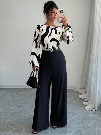 SHEIN PETITE Women's Printed Patchwork Waist Wide Leg Jumpsuit, Elegant Silhouette For Daily Commute And Versatile Wear