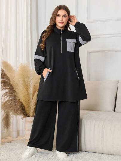 Lacomfia Conjunto feminino plus size de moletom e calça pantalona com detalhes em blocos de cores, casual e confortável, ideal para outono/inverno. Tamanhos grandes.