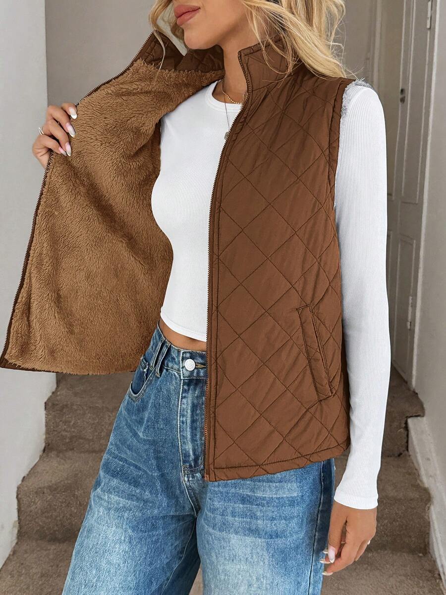 Easowa 秋冬季拉链泰迪绒内衬背心绗缝外套 - 棕色 - 查看 1