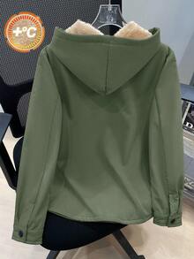 SHEIN 男童休闲韩版可爱胸贴袋保暖内衬梭织外套，感恩节、圣诞节、冬季、冬装、舒适秋冬款式，带帽衫 - 軍綠色 - 查看 2
