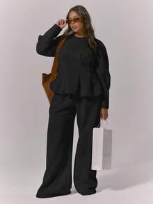MUSERA Pantalones jogger de pierna ancha con cintura elástica, elegantes, lindos, sexys, para usar en la calle o de noche, para curvas, de estilo casual de otoño - Negro - Ver 1