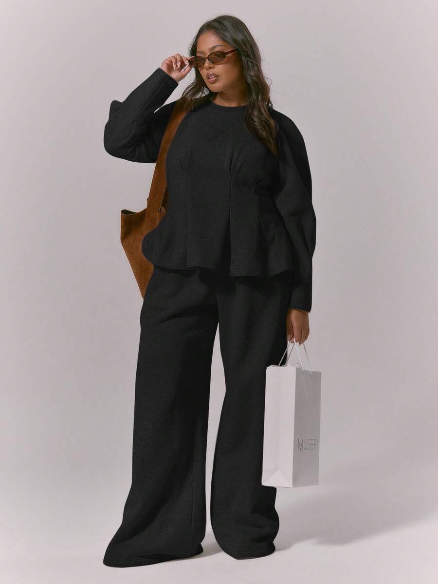 MUSERA Pantalones jogger de pierna ancha con cintura elástica, elegantes, lindos, sexys, para usar en la calle o de noche, para curvas, de estilo casual de otoño - Negro - Ver 1