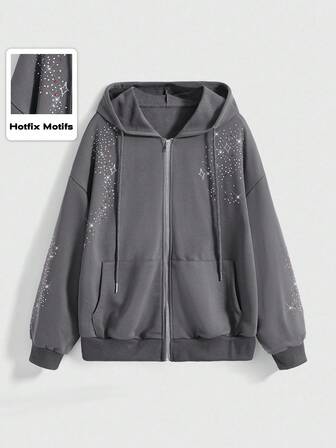 Felpa con cappuccio alla moda con strass colorati in stile Y2K, goth, punk e subcultura, taglia grande. Felpa con cappuccio grigia a maniche lunghe da donna, taglia grande, per autunno/inverno