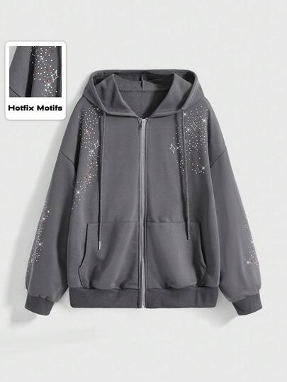 Goth Sweat-shirt à capuche mode de rue coloré avec strass, style gothique punk subculture Y2K, grande taille. Sweat-shirt à capuche grande taille gris à manches longues pour femmes, pour l'automne/l'hiver