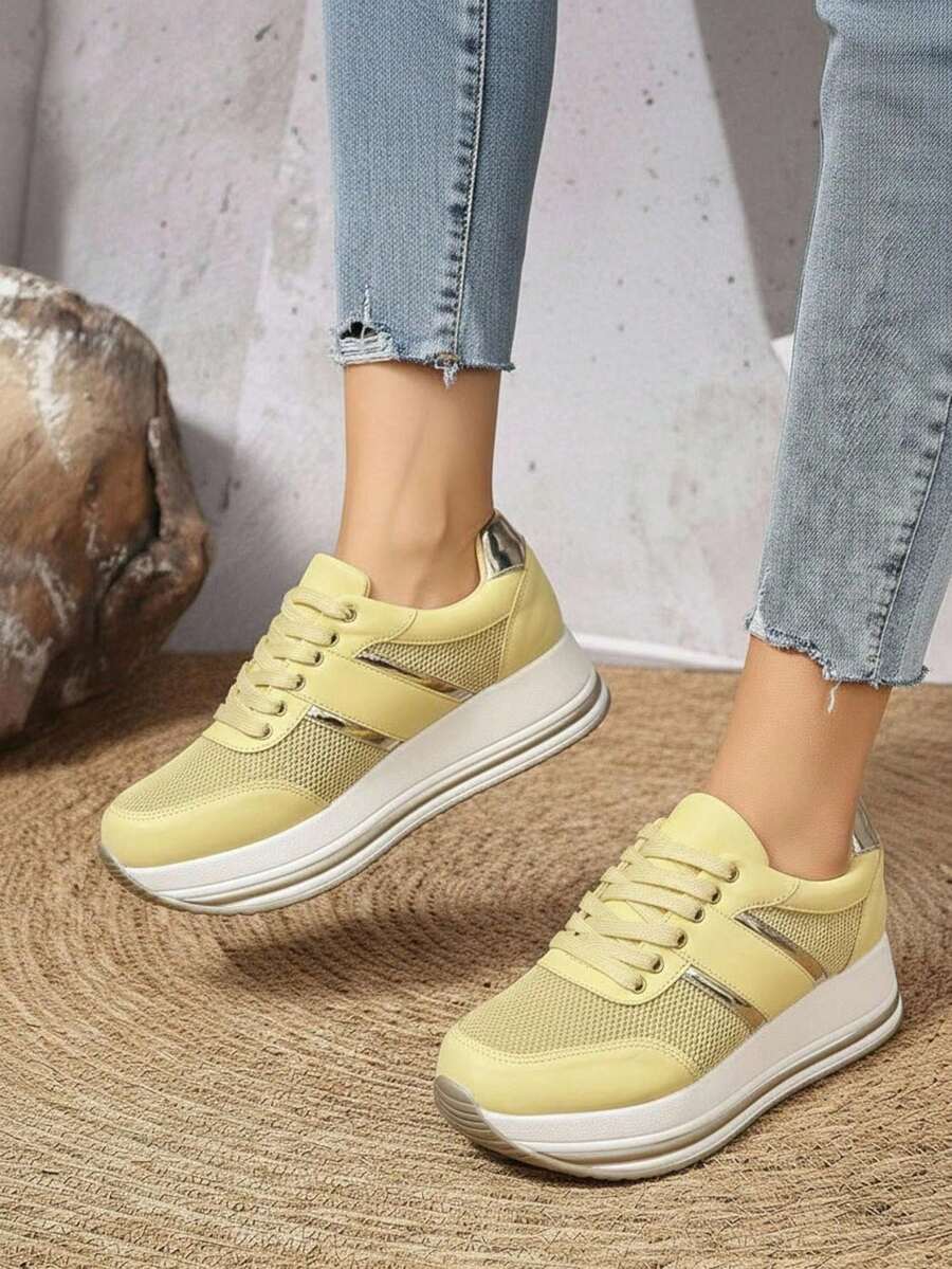 Tenis para mujer transpirable, plataforma ligera, punta redonda, con agujetas, estilo deportivo, para uso diario y ejercicio - Amarillo - Ver 1