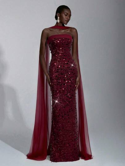 Elitara Elegant Luxury 3D Beaded Strapless Bodycon Maxi Dress With Detachable Halter, Suitable For Dates, Vacations, Singles' Parties, Birthdays, Graduations, Weddings, Formal Galas