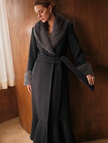 MOTF PREMIUM AUTUMN/WINTER WOOL FUZZY COLLAR TIE-UP WAIST FISH TAIL BELTED LONG OVERCOAT - Dark Grey - View 6