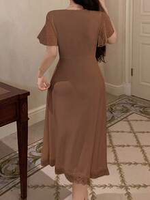 DAZY Knit Patchwork Polka Dot Mesh Lace Patchwork Waist V-Neck Women's Loungewear Dress - Brown - View 2