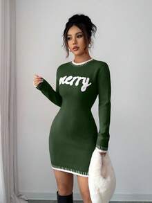 Elenzga Women's Round Neck Contrast Color "Merry Christmas" Bodycon Mini Dress, Knitted Letter Print, Casual Holiday Christmas Sweater Dress, Red - Army Green - View 5