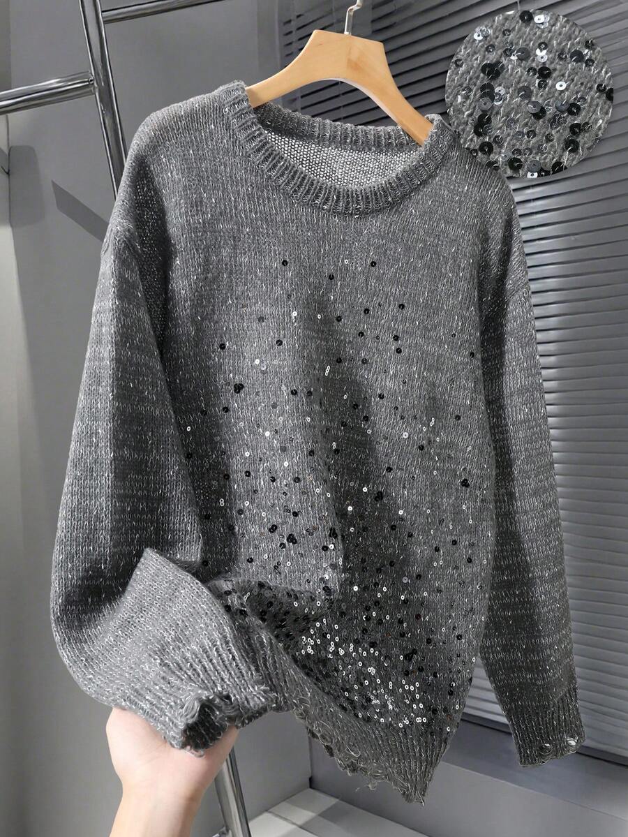 Claim Dot 男士休闲日常亮片装饰圆领落肩毛衣，秋冬季长袖上衣 - 深灰色 - 查看 1