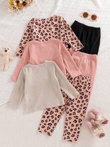 SHEIN Playful Pals 6pcs Infant Girl Spring & Autumn Casual, Simple, Cute, Sweet Brown Leopard Print Top, Pink/Apricot Top Paired With Matching Pants, 3 Sets Combination Outfit Suitable For School & Daily Wear