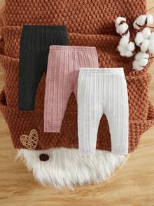 SHEIN 3pcs/Set Newborn Baby Girl/Boy Cute Elastic Waist Knit Leggings, Versatile For Spring, Summer, Autumn, Winter Fall - Black - View 3