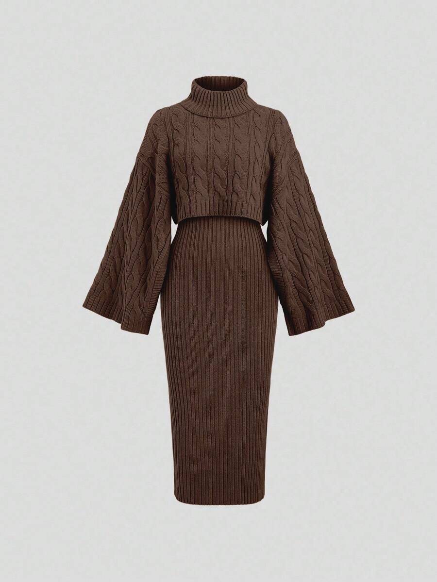 Sweetra 女士休闲舒适针织毛衣上衣和长裙两件套，秋冬季 - 咖啡棕 - 查看 1