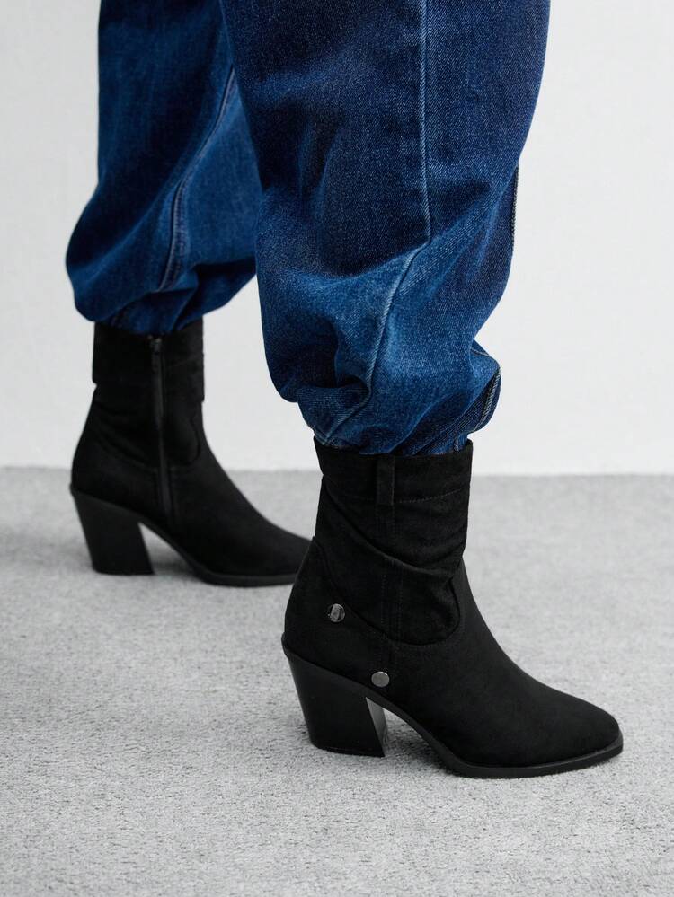 CUCCOO BIZCHIC Fashionable Basic Comfortable Commute Black Patchwork Faux Suede Striped Square Buckle Chunky Heel Ankle Boots