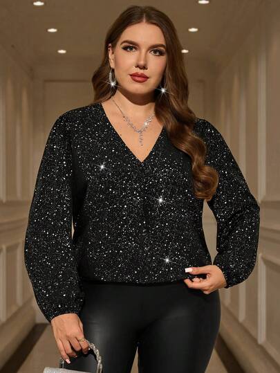 Miaspire 大码女式优雅派对休闲闪亮V领灯笼袖宽松时尚长袖亮片黑色上衣，秋冬季，外出，2025新款，简约时尚，适合日常穿着，圣诞节，新年，感恩节，约会之夜