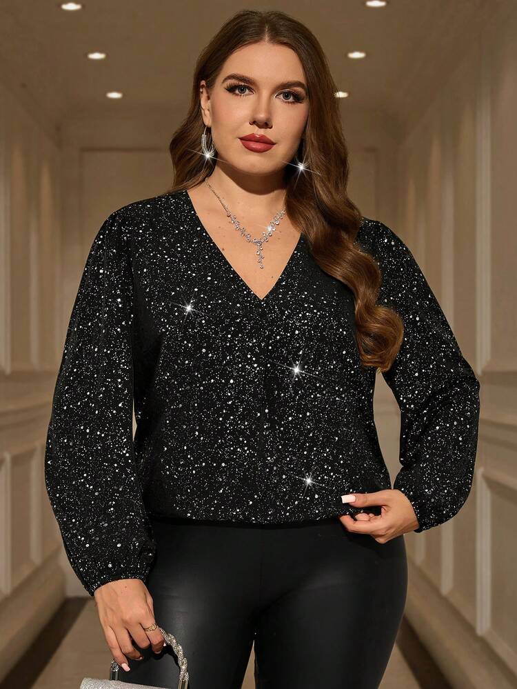 Plus Size Women's Elegant Party Casual Shiny V-Neck Lantern Sleeve Loose Fashion Long Sleeve Sparkly Black Blouse Top,,Going Out, New,Simple And Fashionable For Everyday Wear,,New Year,Thanksgiving,Date Night,Spring