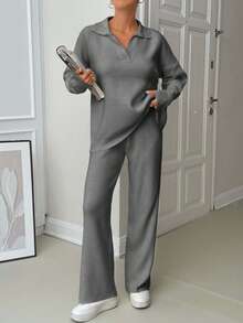 EURMUSE Woman Loose Fit Comfy Warm Thick Polo Neck Sweater And Pants Co-Ords Two Pieces Set - Grey - View 6
