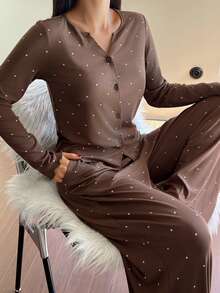 DAZY Women's Polka Dot Print Long Sleeve Pajama Set, Fall & Winter Clothes - Brown - View 4