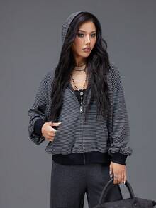 Bloopia Veste décontractée à capuche, manches longues, fermeture éclair avant, style élégant et polyvalent pour femmes, rayures noires et grises, style rebelle rétro cool, idéal pour l'automne/hiver et Halloween