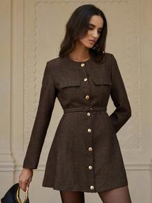 Aveloria Rosie 休闲经典系带人字纹长袖连衣裙 - 棕色 - 查看 2