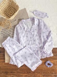 SHEIN 3件套女童柔软顺滑睡衣套装，时尚可爱猫咪蝴蝶结印花袖口、下摆、领口撞色荷叶边长袖开衫和长裤，含眼罩，睡衣 - 紫色 - 查看 1