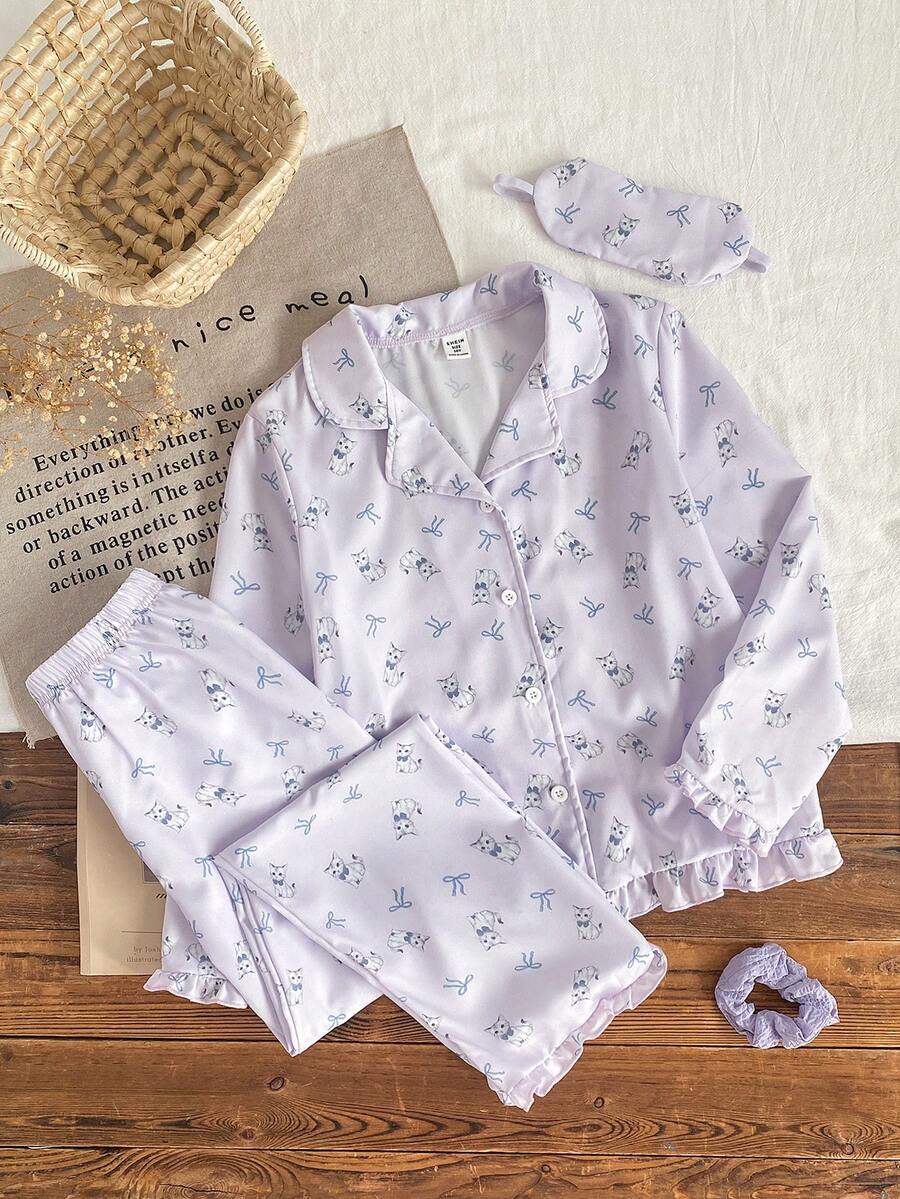 SHEIN 3件套女童柔软顺滑睡衣套装，时尚可爱猫咪蝴蝶结印花袖口、下摆、领口撞色荷叶边长袖开衫和长裤，含眼罩，睡衣 - 紫色 - 查看 1