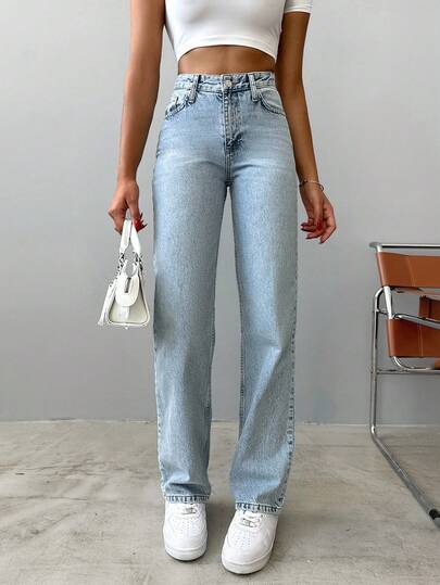 SHEIN Tall 100% Cotton Tall Size High Waist Straight Fit 90's Casual Style Button Front Light Blue Jean