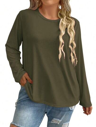 Plus Size Women Christmas Casual Loose Fit Round Neck Long Sleeve T-Shirt
