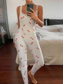 DAZY 心形图案吊带背心和紧身裤修身女士睡衣套装 - 米色 - 查看 5