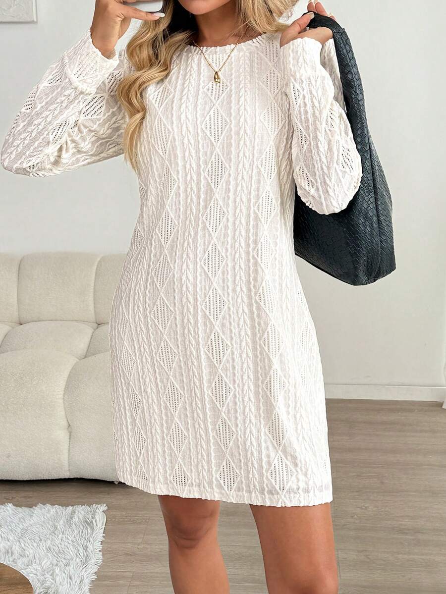 SHEIN LUNE Đầm ngắn tay dài màu trơn đơn giản dành cho nữ, thích hợp mặc hàng ngày đi làm, chất liệu vải dệt họa tiết, đầm dệt kim trắng tay dài mùa xuân/thu, đầm dệt kim trắng tay dài, đầm mùa đông nữ, trang phục mùa thu cho nữ. - Màu be - Xem 1